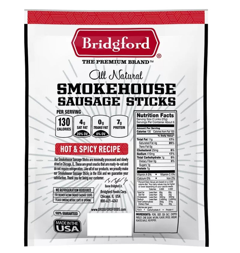 BRIDGFORD SMOKEHOUSE SAUSAGE STICKS HOT & SPICY