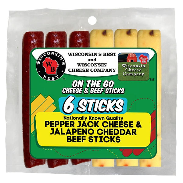 WISCONSIN PEPPER JACK CHEESE & JALAPENO CHEDDAR BEEF STICKS (6 STICKS)